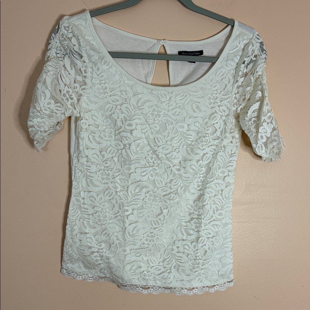 American Eagle Outfitters Ivory Lace Scoop Neck Short Sleeve Top